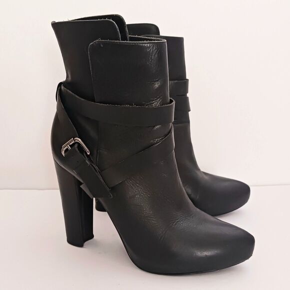 Animale Brazil Blk Leather Platform Ankle Boot Harness Strap High Block Heel  37 - Picture 8 of 13